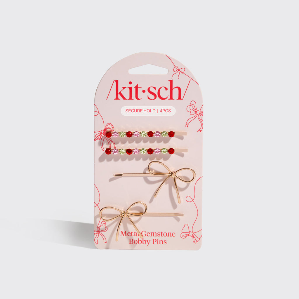 Red. Pink. & Green Gemstone and Bow Bobby Pins